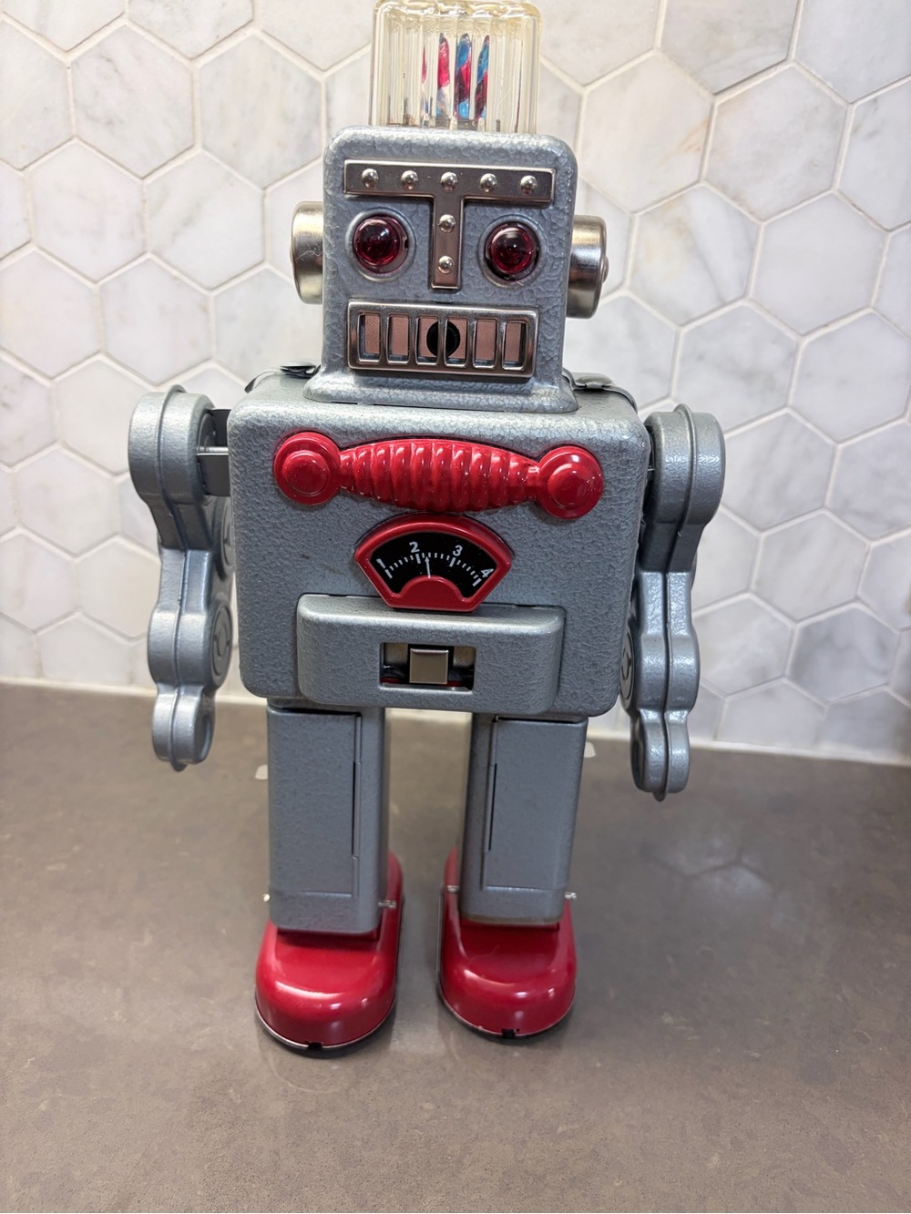 Classic Retro smoking robot Toy - Silver and Red